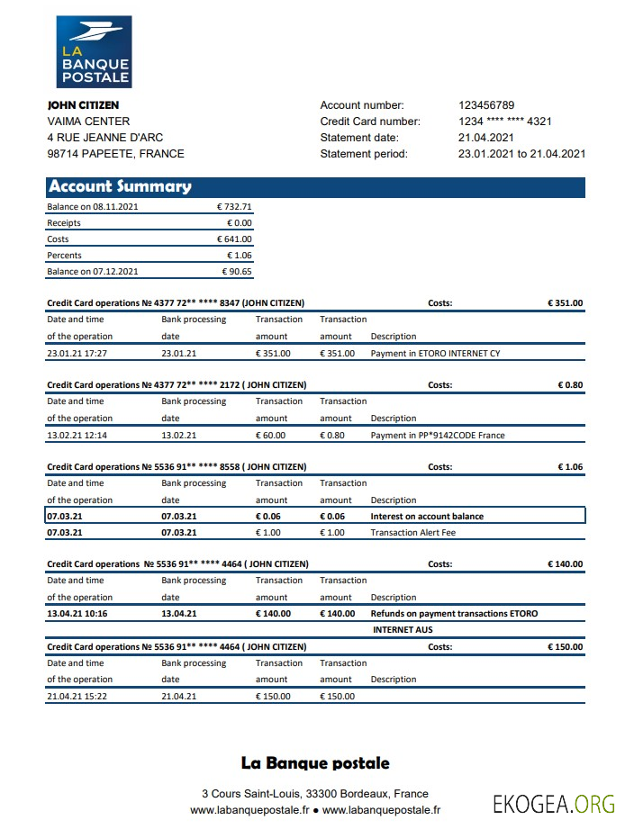 Relevé bancaire France La Banque Postale modèle facile à remplir au format de fichier .xls et .pdf